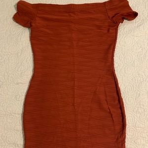 Burnt Orange Fitted Off the Shoulder Mini Dress